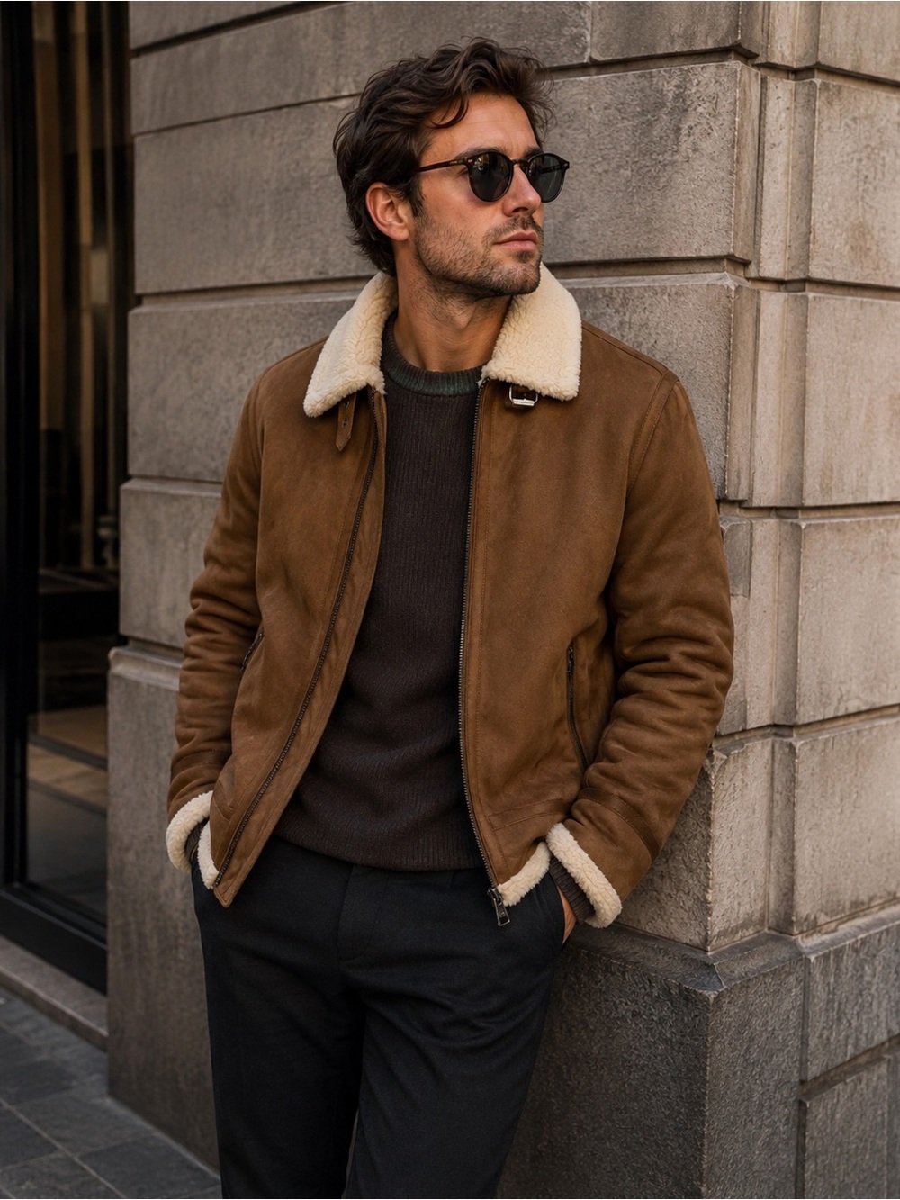Calvin Klein Mens Classic Faux Shearling B-3 Bomber Jacket Brown Medium